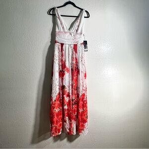 Ever-Pretty Floral Maxi Dress US 6 White Red Poppy Print Flowy V-Neck Summer